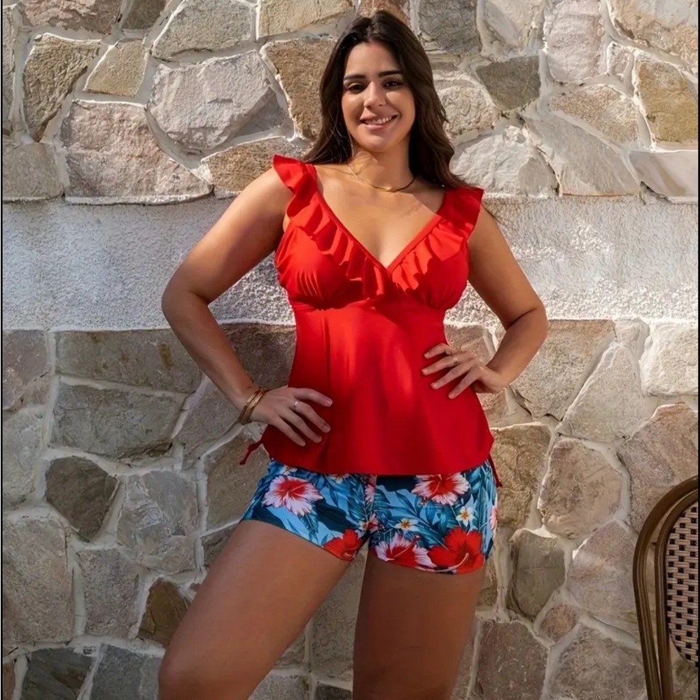 Plus Size Vibrant Red Ruffled Women's Swimsuit Set